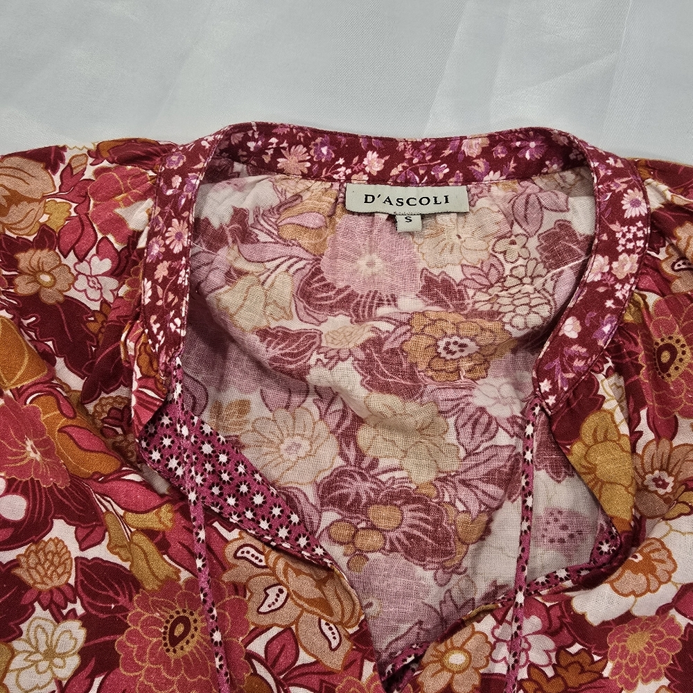 D’ascoli Lulu Dress Size Small Floral Print Cotton Boho Midi Notched Tie Neck - Picture 5 of 15